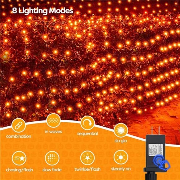 Halloween Net Lights, 200LED 8.4ft x 5.2ft Orange Bush Lights with 8 Modes - Picture 3 of 8